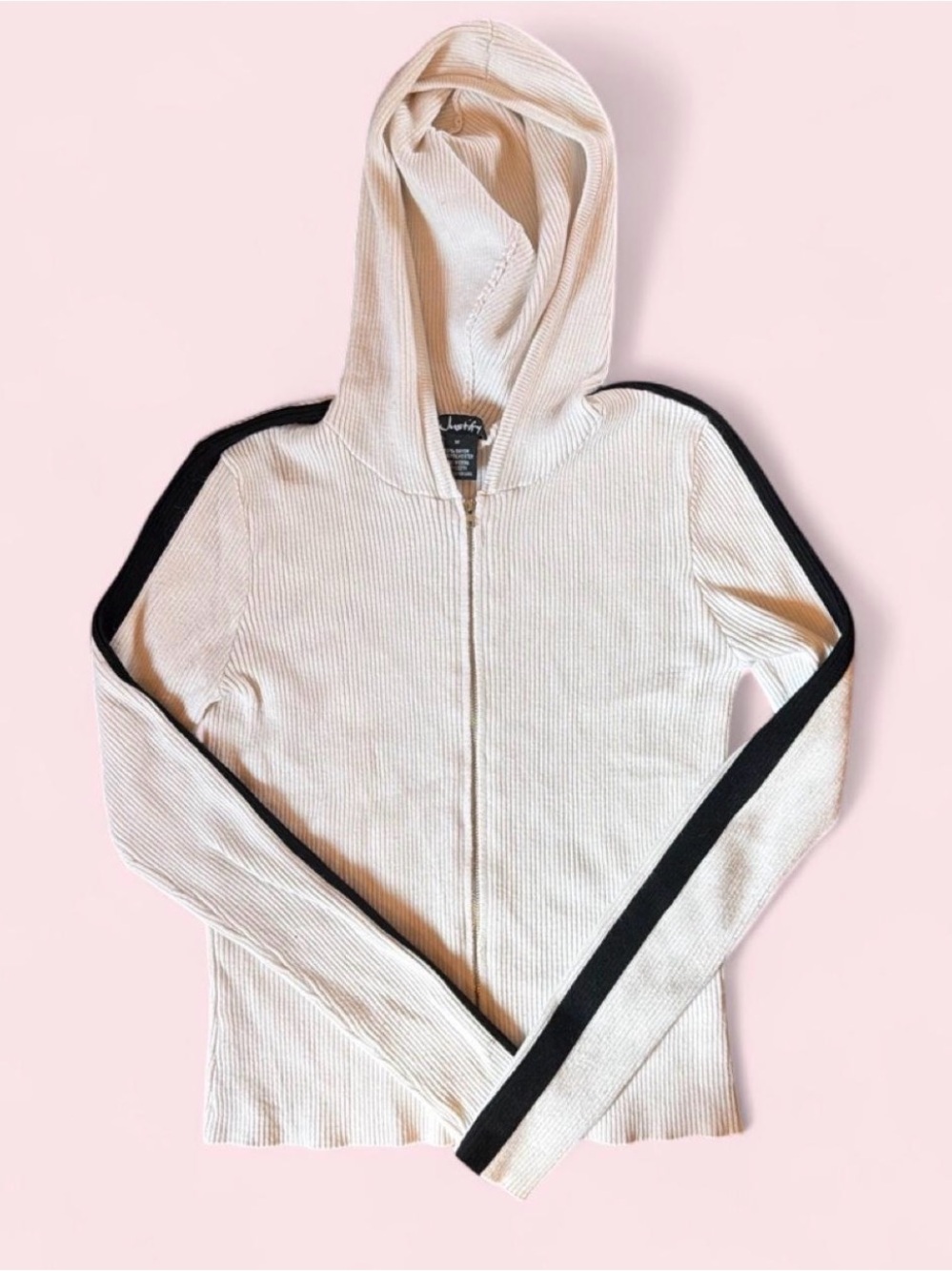 Cream Zip Hoodie with Black Sleeve Stripe